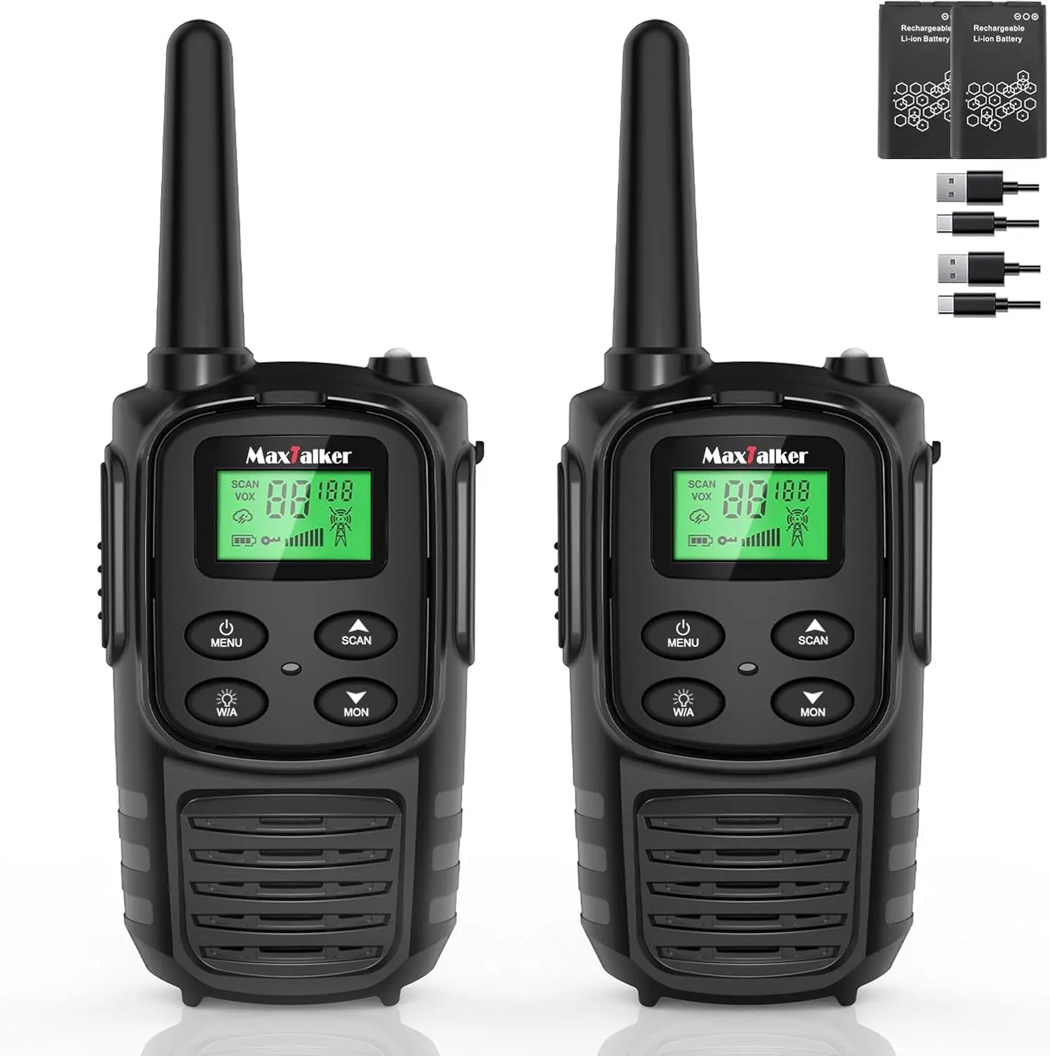 Walkie Talkies Long Range 2 Pack Rechargeable Two Way Radios with NOAA Weather Alert VOX Hands Free USB C Charging LED Flashlight for Hiking Camping Travel Outdoor Communication for Adults