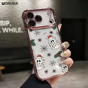 Christmas Ghost Snowflake Holly Pattern Phone Case Skin Friendly Feel High Lens Protection Anti Slip Shockproof For iPhone 17 Air 16 Pro 15 14 Plus 13 Pro Max 12 11 Santa Black
