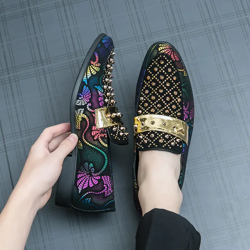 Men's Luxury Flat Preppy Loafers - Metallic Gold Bar & Spike Studded, Round Toe Ankle Slip-On Dress Shoes for Holiday Parties & Clubbing, Stylish Colorful Men's Gift Footwear Footwear Slipon Fashionable Loafers tiktokshopbacktoschool
