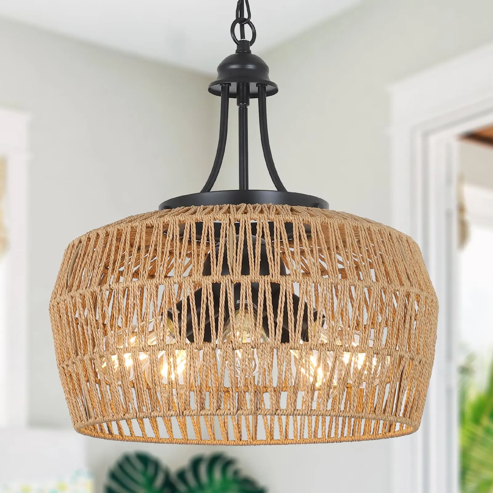HMVPL Large Round 5-Lights Natural Rattan Farmhouse Chandelier, Boho Wicker Lampshade Hanging Pendant Light Fixture for Dining Room, High Ceiling Illumination & Room Decor