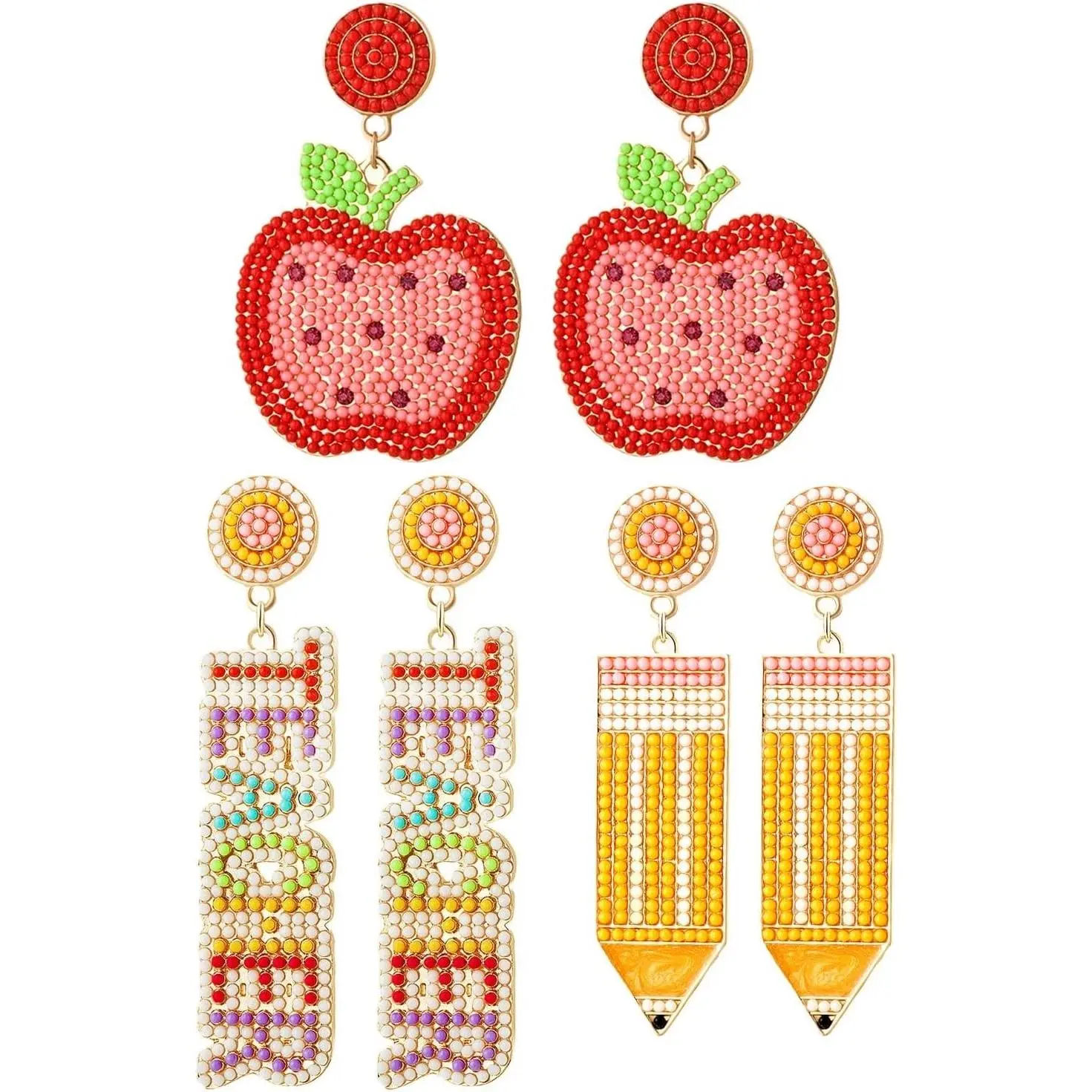 Teacher Earrings for Women Rhinestone Beaded Dangle Drop Pencil FRIYAY Earrings Colorful Teacher Appreciation Earrings Back To School Jewelry Set