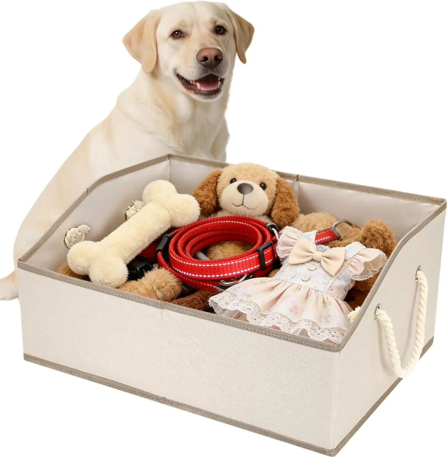 Dog Toy Basket with Handle, Foldable Dog Toy Box for Living Room Area, 20" Basket for Dog‘s Toys, Clothes, Organizers and Storage with Hard Board, Anti-Slip for Pet Toys