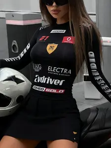 Women's Y2K Athletic Style Racing Driver High Neck Short Top, Slim Fit Elastic Fabric, Long Sleeve Sun Protection, Spring & Fall Fashion