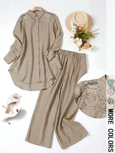 2 Piece Spring Summer Set Women | Lace Patchwork Shirt + High Waist Wide Leg Pants | Boho Casual Style for Daily Vacation Travel Wear