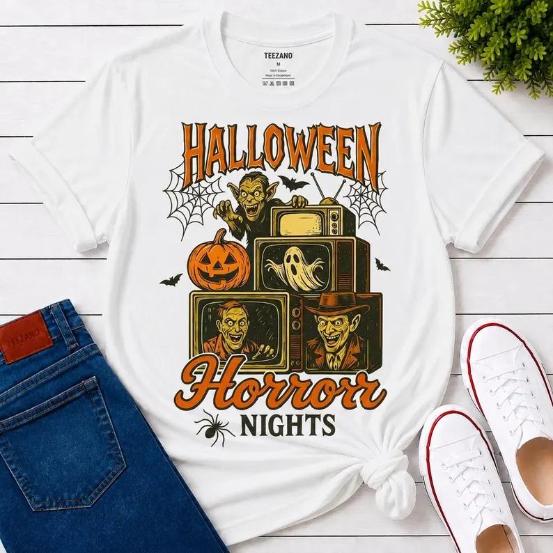 Women's Plus Size Pure Cotton Short Sleeve Tops - Classic Crewneck Oversized Retro Pumpkin Print Tee for Halloween Horror Movie Nights