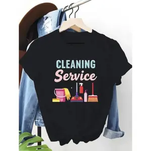 Women's Cleaning Service Graphic T-Shirt - Soft Breathable Heavyweight Cotton Tee with Cleaning Tools Icon Relaxed Fit Casual Work Shirt for Janitors, Housekeepers - Machine Washable Everyday & Professional Apparel, Household Cleaning Tools