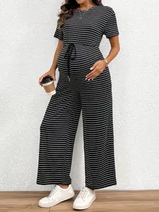 Round Neck Striped Printed Drawstring Maternity Jumpsuit With Short Sleeves, Summer