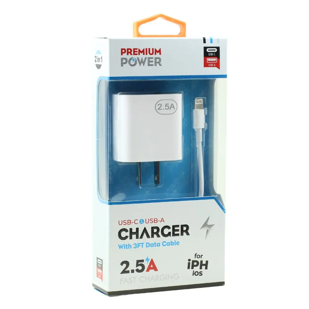 Fast Charging 2-in-1 Wall Charger, 2.5A Dual Port USB-A & Type-C with 3FT USB to Lightning Cable, Compact Power Delivery Adapter for Universal Charging, High-Speed Efficient Charge for Universal iPhone and iPad Devices