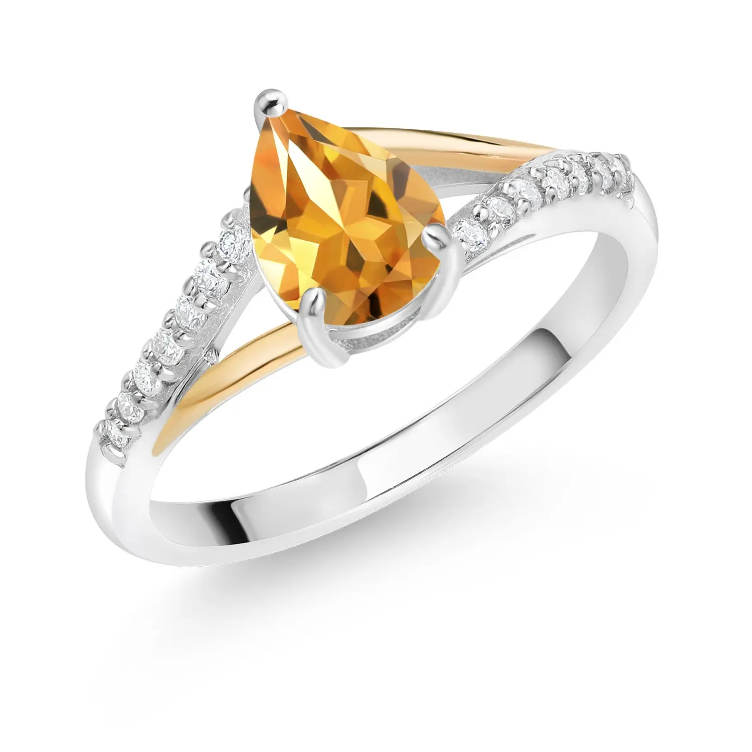 925 Silver and 10K Yellow Gold 8X6MM Pear Shape Gemstone Birthstone and White Lab Grown Diamond Engagement Ring For Women | Available In Size 5, 6, 7, 8, 9