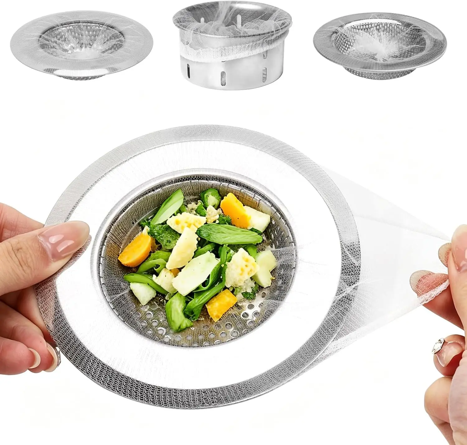 300-Count Disposable Sink Strainer Pouches Pack, Ultra-Fine Mesh Tear-Resistant Drain Protectors - Stretchable, Easy-Clean, Fits Standard Sink Strainer, Ideal for Busy Families, Kitchen Renters Home Supplies Essential, No More Messy Cleanup, Mesh Fabric