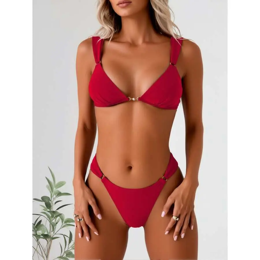 Women's Red Triangle Bikini Set - Gold Accent Stretch Lightweight Swimwear, Adjustable Straps, Removable Padded Bra, Cheeky Bottoms, for Beach Volleyball Water Activities, Triangle Tops, Spandex Blend