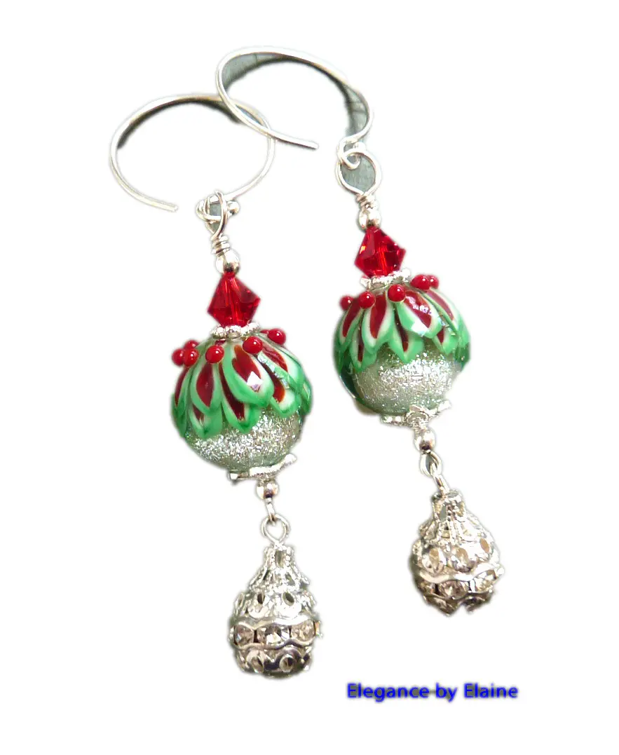 Christmas Earrings Red Green Silver Handmade Lampwork Made by Hand Sterling Silver Earwires Holiday Festive