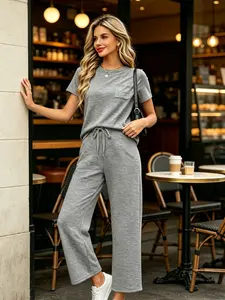 Women's Fashion Plain Casual Round Neck Pocket T-Shirt + Drawstring Wide Leg Pants Set, Loose Fit, Summer, Office Wear, Outdoor Activities, Clothes