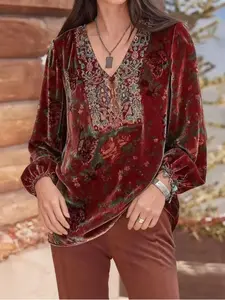 Women's Plus Size Vintage Velvet Bohemian Print V-Neck Top, Casual Fashion Long Sleeve Blouse, Comfortable Daily Wear, Casual Boho Sleeve
