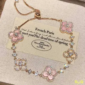 DGTQYQ Cherry Blossom Pink Mother of Pearl Clover Bracelet, Inlaid with Micro Zirconia, Hollowed Out Design Color Lucky Bracelet