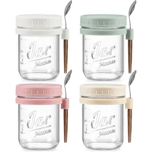 4 Pack Overnight Oats Containers with Lids and Spoons, 16 oz Glass Mason Jars with Airtight Lids, Overnight Oats Jars for Milk, Cereal, Fruit