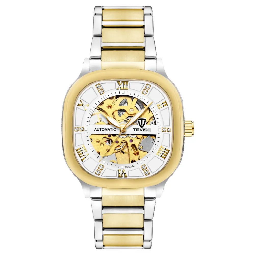 TEVISE Retro Square Analog Automatic Men's Watch, Transparent Case with Visible Mechanical Movement, Stainless Steel-Alloy Band, No Battery Needed, Ideal Gift for Valentine's Day/Birthday/Father's Day, Analog Watch