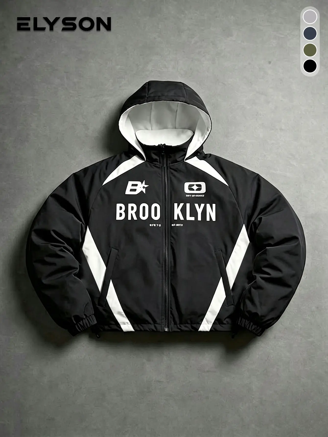 Men's hooded windproof jacket featuring geometric color-block panels, Brooklyn letter print, full zip closure, elastic cuffs, and a street-style design.