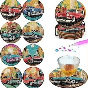 8-piece/set diamond art painting coaster with stand, DIY car pattern diamond art coaster, diamond painting kit suitable for adults and beginners, diamond kit craft supplies, exquisite gift for friends