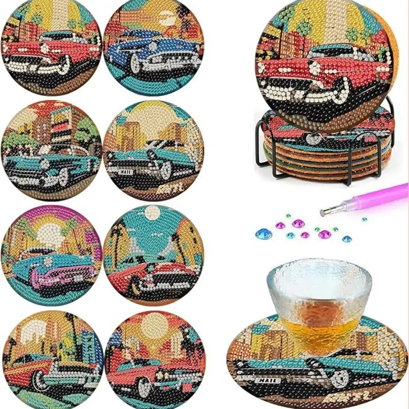 8-piece/set diamond art painting coaster with stand, DIY car pattern diamond art coaster, diamond painting kit suitable for adults and beginners, diamond kit craft supplies, exquisite gift for friends