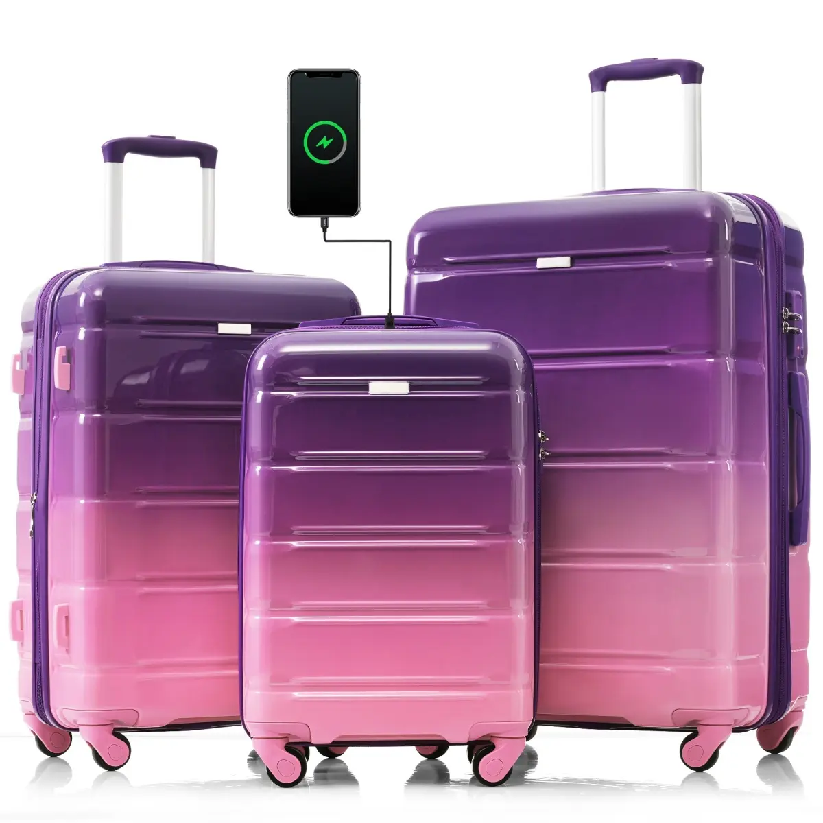 Luggage Sets 3 Piece, Lightweight Gradient Color Luggage 20+24+28 IN,20-inch with USB Port, Hardside Expandable Suitcase Set with Spinner Wheels, Airline Certified Carry-on Luggage