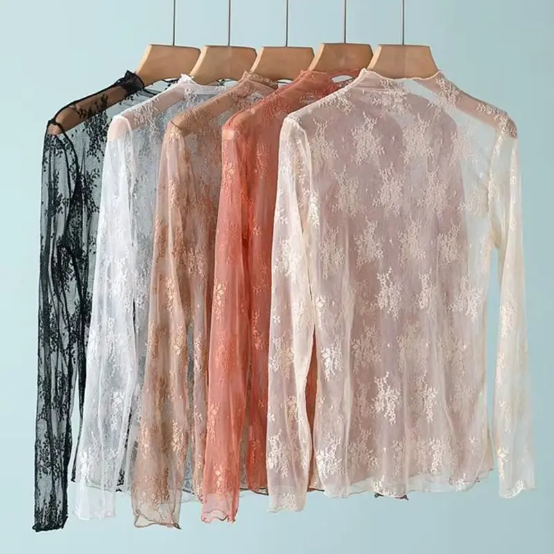 Women's Mock Neck Breathable Mesh Pullover - Floral Transparent Lace Long-Sleeve Sheer Crop Blouse, Lady's T-Shirt Bottoming Top for Women's Clothes Styling Options