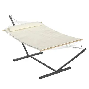 Double Hammock with Steel Stand Included, Easy Assembly 2 Person Hammock, 450lbs Capacity Cotton Rope with Comfort Pad & Pillow for Backyard, Patio, Poolside, Indoor Outdoor