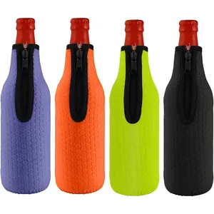 4 Pack 16oz to 18oz Beer Bottle Insulator Sleeves, Non-slip Thick Neoprene Cooler Covers with Zipper Insulated Drink Holder for Glass Beer Bottles, 4 Colors Black Yellow Orange Purple