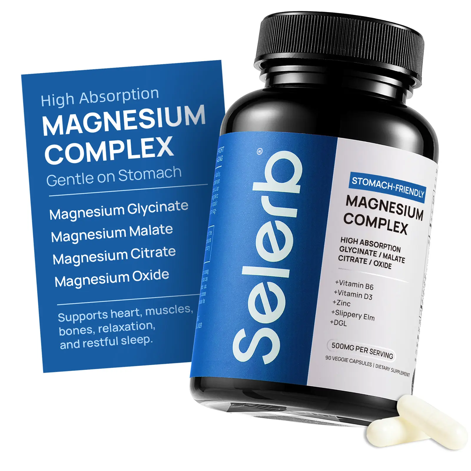 Selerb Magnesium Complex 300mg – 4 Types of Magnesium with B6, D3, Zinc, Slippery Elm – Sleep, Relaxation & Muscle Suppor Dietary t – 90 Capsules Healthcare Fitness Edible