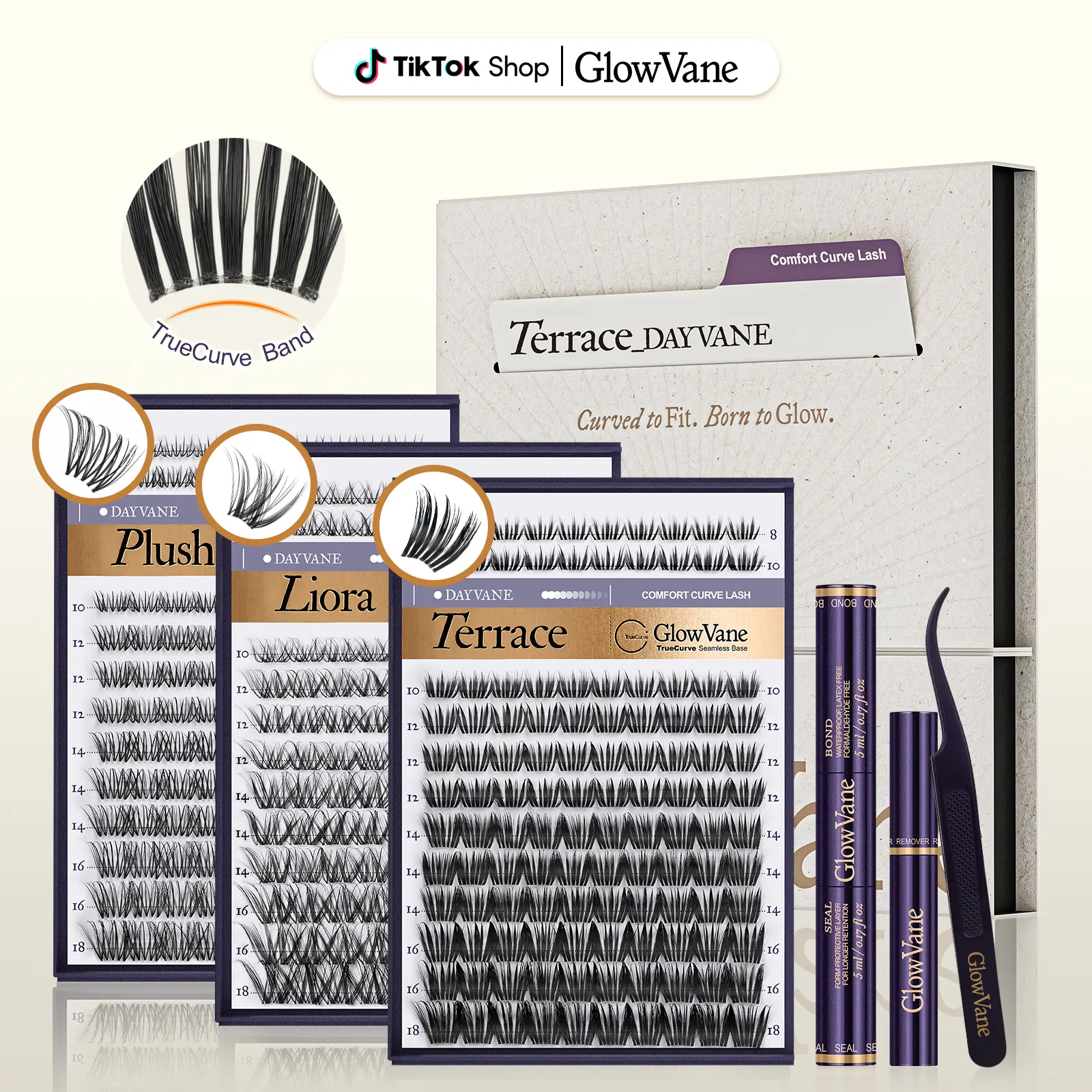 GlowVane TrueCurve Eyelash Clusters Kit, 0.03mm Invisible Curved Band Nature Wispy DD Curl Shape 8-18mm Lash Cluster DIY Extensions for Beginners, Seamless Eye Fit, No Strain (FS2)