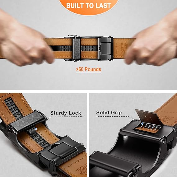 BULLIANT Men's Ratchet Leather Belt - Easy Release Adjustable Buckle, Trim-to-Fit Textured Design, Dress & Casual Accessories, Gift Box Included