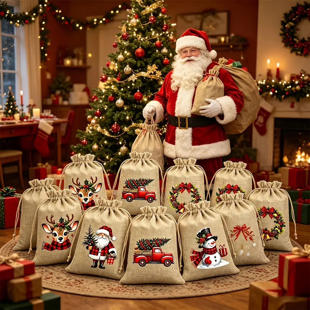 [Christmas Gift Bags] Gift for Her/Him 12-Pack Christmas Burlap Gift Bags, 15 X 10 Cm Christmas Gift Bags, Reusable Drawstring Bags, Christmas-Themed Designs, Suitable for Christmas Party Favors, Birthday Gifts, Christmas Tree Dec