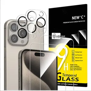 4 Pack, 2 Pack Screen Protector for iPhone 15 Pro Max [6.7 inch] + 2 Pack Camera Lens Protector, Sensor Protection,Case Friendly Tempered Glass Film