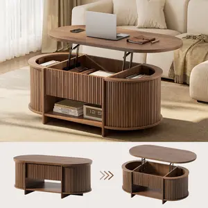 Sikaic Oval Fluted Lift Top Coffee Table with 3 Hidden Compartments and Open Shelf Brown