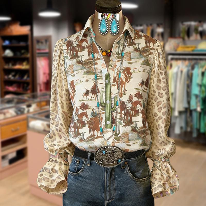 Cherrybetty Western Cowboy Print Collard Leopard Flared Cuffs Blouse Elegant Vintage Outfits Going Out Tops