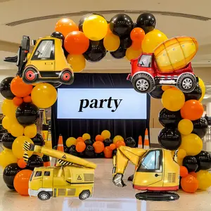 104pcs Construction Theme Balloon Garland Kit, Including Orange, Black, Yellow Latex Balloon Garland Arch And Foil Balloons Of Excavator, Forklift, Mixer Truck And Crane, Suitable For Building And Birthday Party Decoration Mother's Day Graduation Set