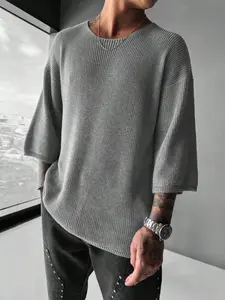 Men's Casual Knitted Sweater, Comfortable Lightweight Short Sleeve Pullover, Perfect for Outdoor Festivals Poolside Streetwear
