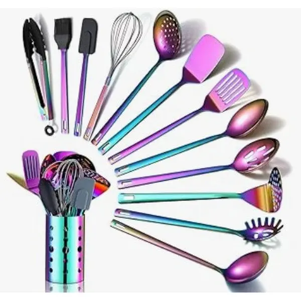 Rainbow Iridescent Gold Silver Titanium Stainless Steel Grill Cooking Heat Resistant Kitchen Utensils Sets