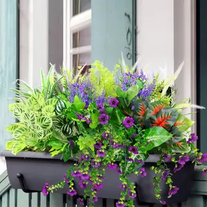 14 Bundles Artificial Plants Flowers Outdoor UV Resistant,Faux Greenery Bush Shrubs, Fake Plastic Vine Boxwood Bushes for Indoor Garden Porch Farmhouse Window Box Home Office Spring Decor