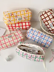 Fashion Simple Plaid Pencil Case, Cute Cherry Grid Makeup Bag, Student Stationery Storage, Portable Travel Cosmetic Box