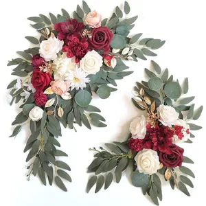 2-piece set of elegant and noble red artificial flower wedding arch decorations, paired with romantic red and white roses, bright red dahlias, and pink peonies, is ideal for receptions and home decorations