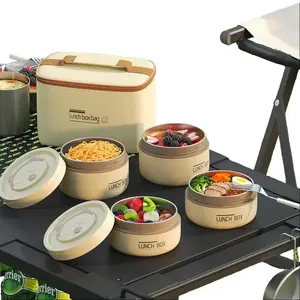 4-Piece Insulated Bento Box Set Portable Stainless Steel Food Container Round Microwave Safe Stackable Leakproof Thermal Beige Lunch Box Bag for Adults