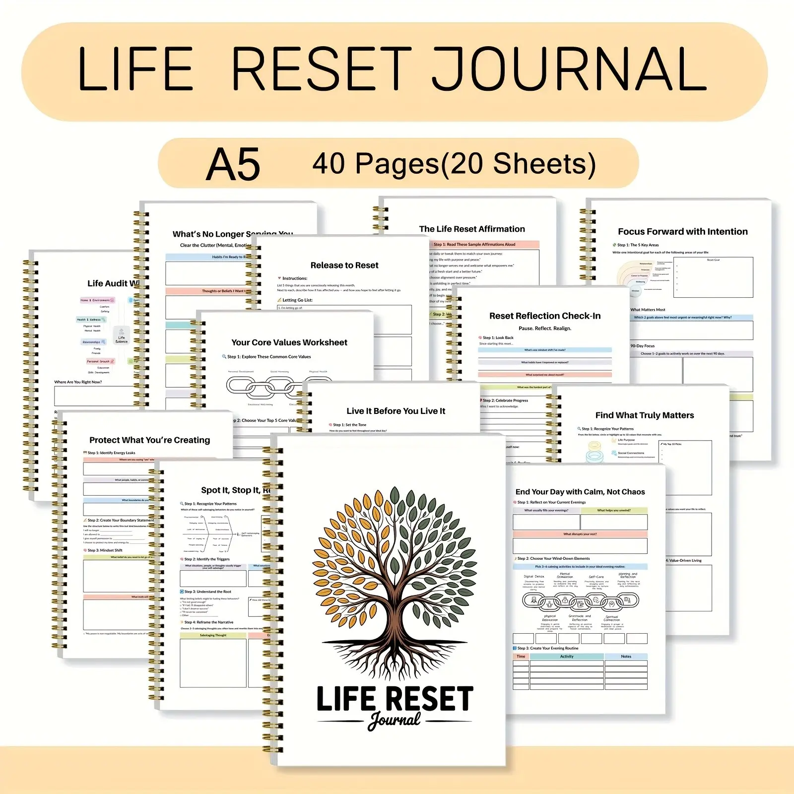 40-Page Life Reset Plan A5, Habit Redesign Sleep Hygiene Checklist Self Development Worksheets, Personal Growth & Wellness Tools