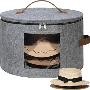 Round Cowboy Hat Box for 7 Caps, Large Felt Hat Organizer Bag for Men & Women Storage, Baseball Cap Container with  Lid for Travel, Foldable 16.5" D x 10.6" H Carrier, Gray