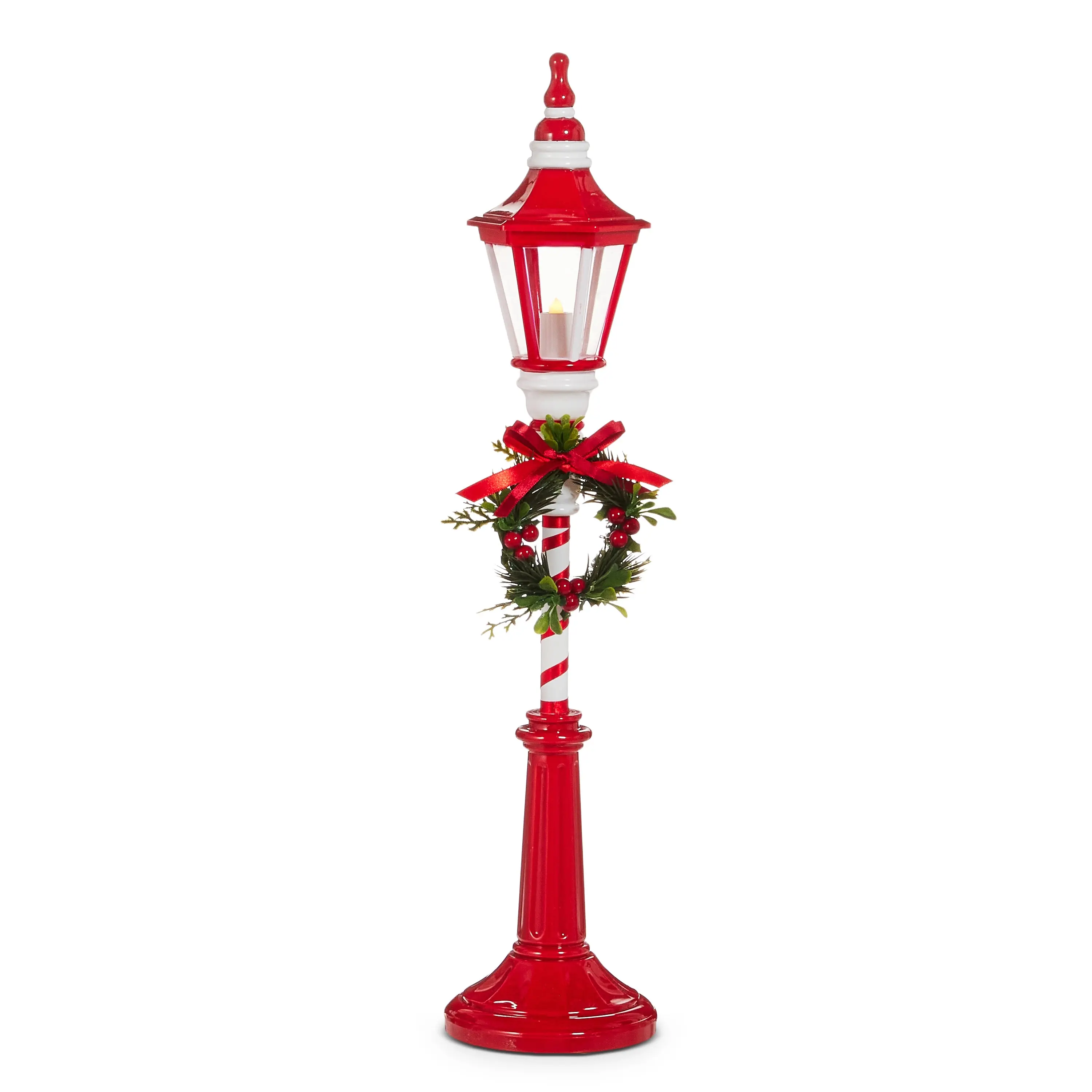 21" Lighted Red & White Lamp Post With Wreath Battery Operated
