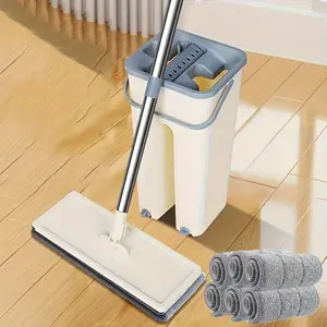 8-Piece Home Mop & Bucket Set with 6 Replaceable Microfiber Pads, 360° Flexible Rotating Flat Mop, Dry Wet Use, Quick Drainage, Easy Cleaning, Home Cleaning Bundle