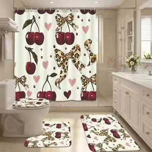 4pcs Shower Curtain Set with Cherries, Leopard Bows, Hearts, Bathroom Decor, Valentine's Day Theme, Romantic Bathroom Style