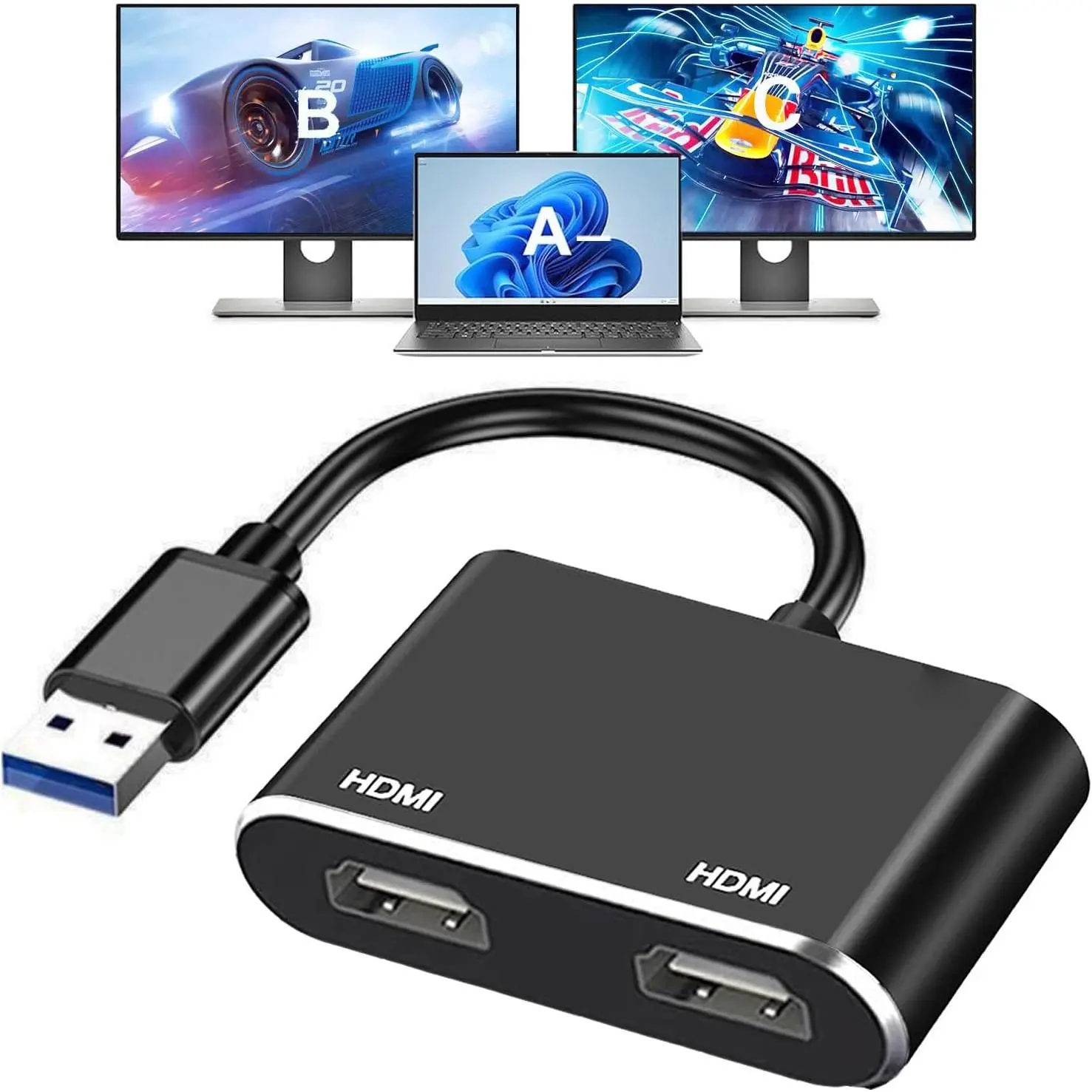 USB 3.0 to Dual HDMI Adapter - 2-Monitor HDMI Converter Adapters & Cables, 1920×1080P@60HZ Full HD Audio Video Graphics Cable Compatible with Windows System