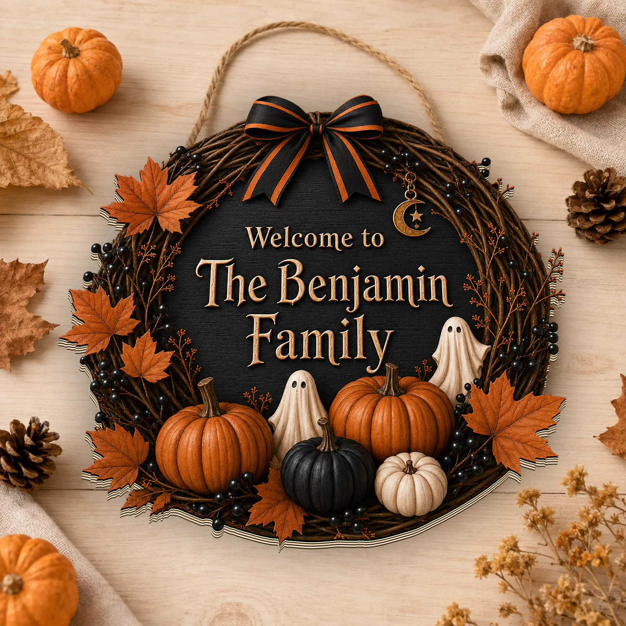 Personalized Halloween Wreath Door Decor, Custom Family Name Halloween Sign, Welcome Front Door Decoration, Pumpkin Ghost Wreath, Fall Porch Decor, Halloween Gift for Family