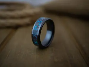 The Wanderer, Black Ceramic Amethyst Opal Wedding Ring, Black Wedding Band, Mens Wedding Ring, Mens Black Ring, Blue Opal Inlay, Wedding Band Men & Women